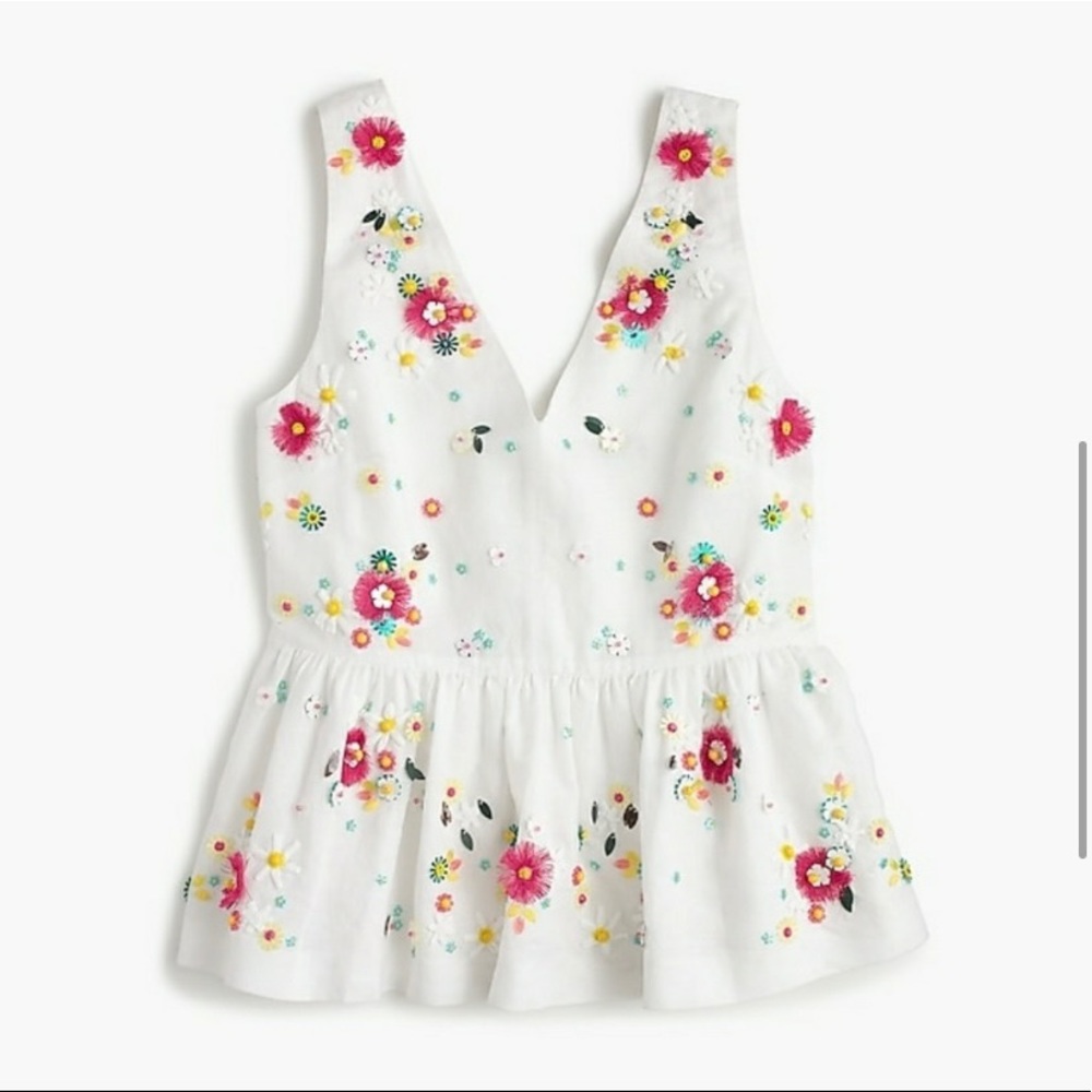 J.Crew Linen-Blend Beaded Floral Peplum Top